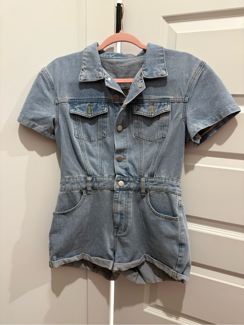 Light Blue Denim Short-Sleeve Romper